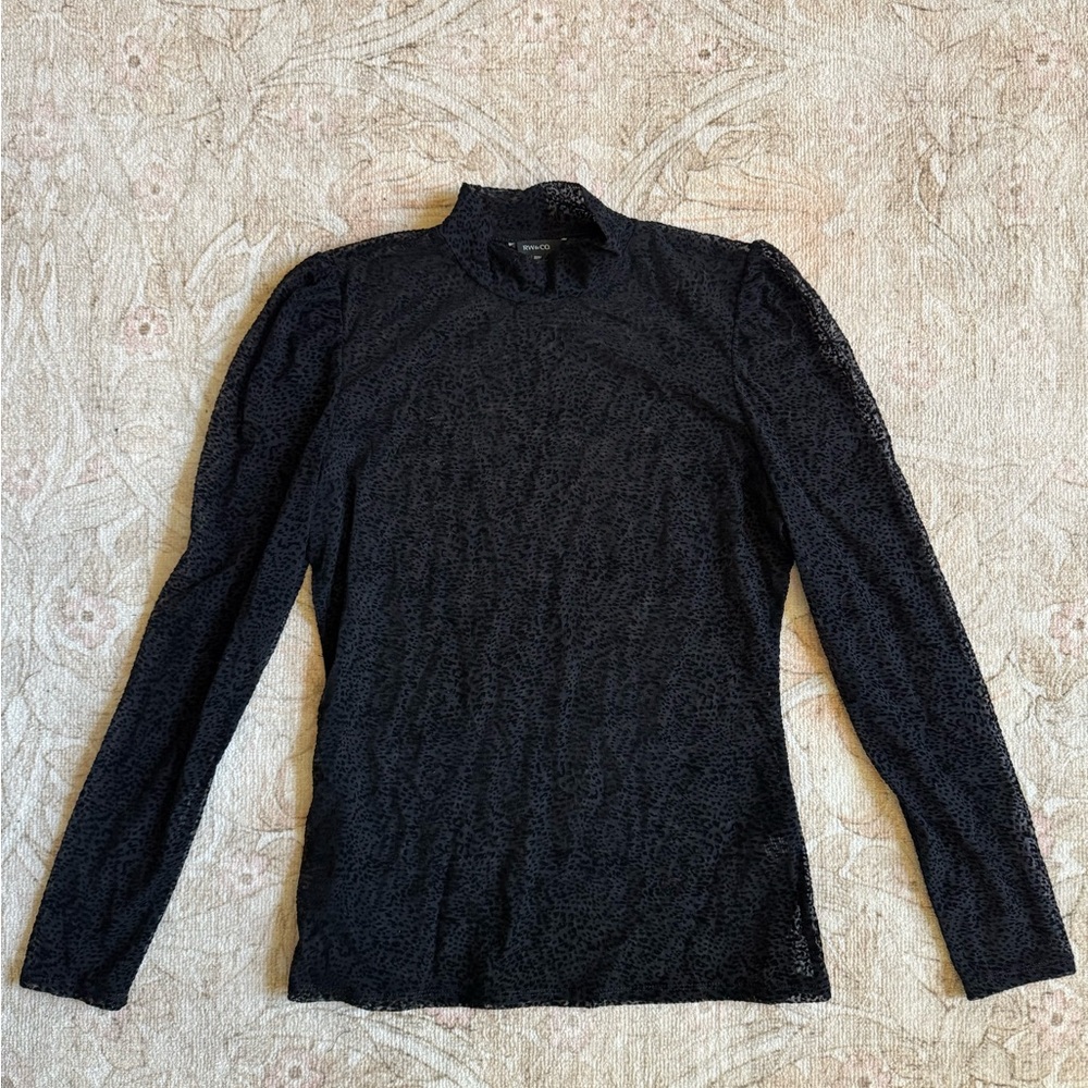 RW&CO. Black Sheer Mock Neck w Rouched Shoulders